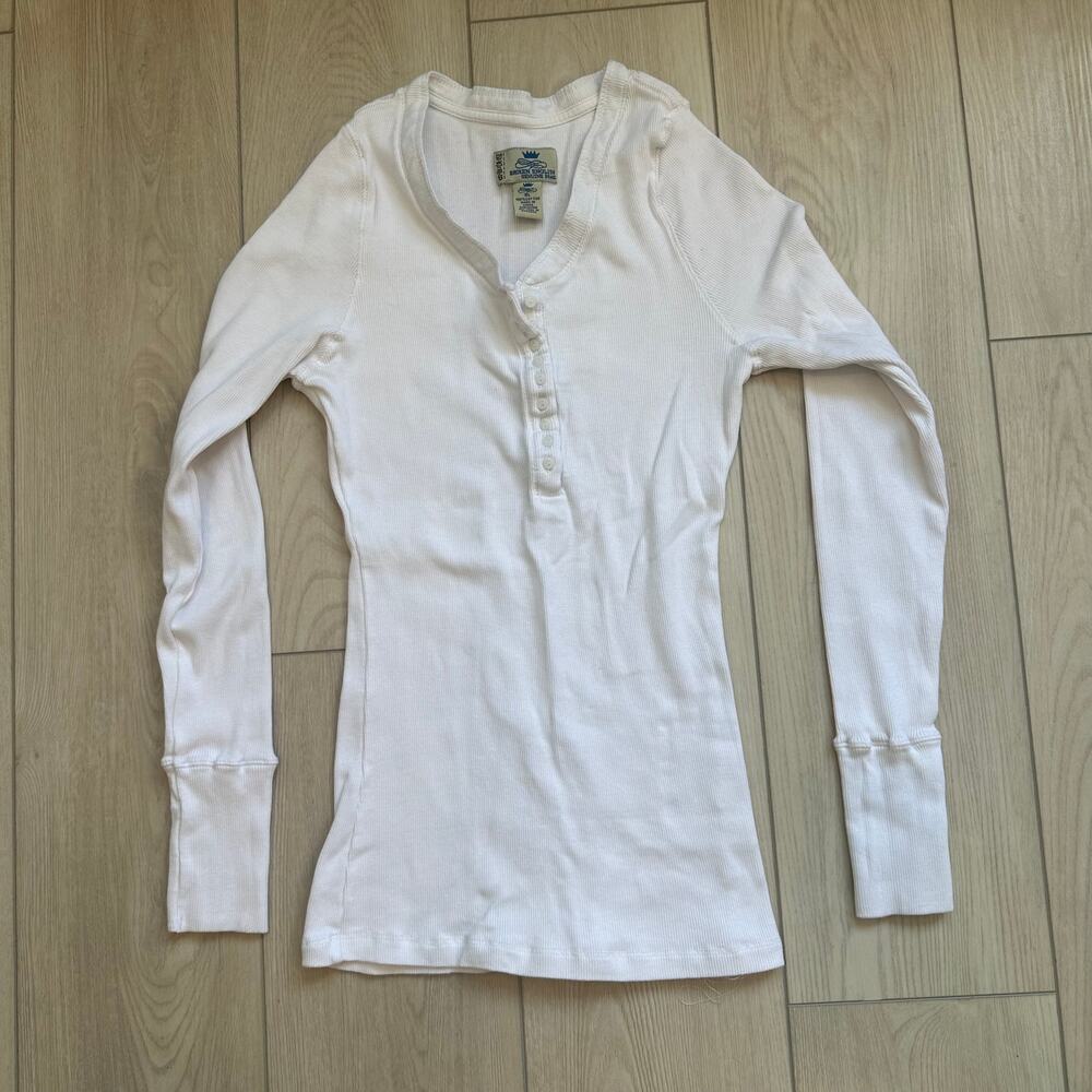 Vintage y2k 90s 100% cotton white long sleeve ribbed stretch henley shirt XL